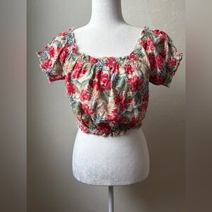 American Eagle Off Shoulder Tropical Floral Puff Sleeve Crop Top NWT Small